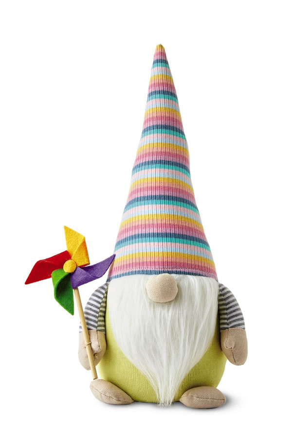 aldi spring gnome with colorful hat and pinwheel