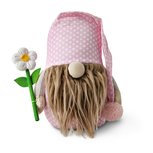 aldi spring gnome with pink polka dot clothing and white flower