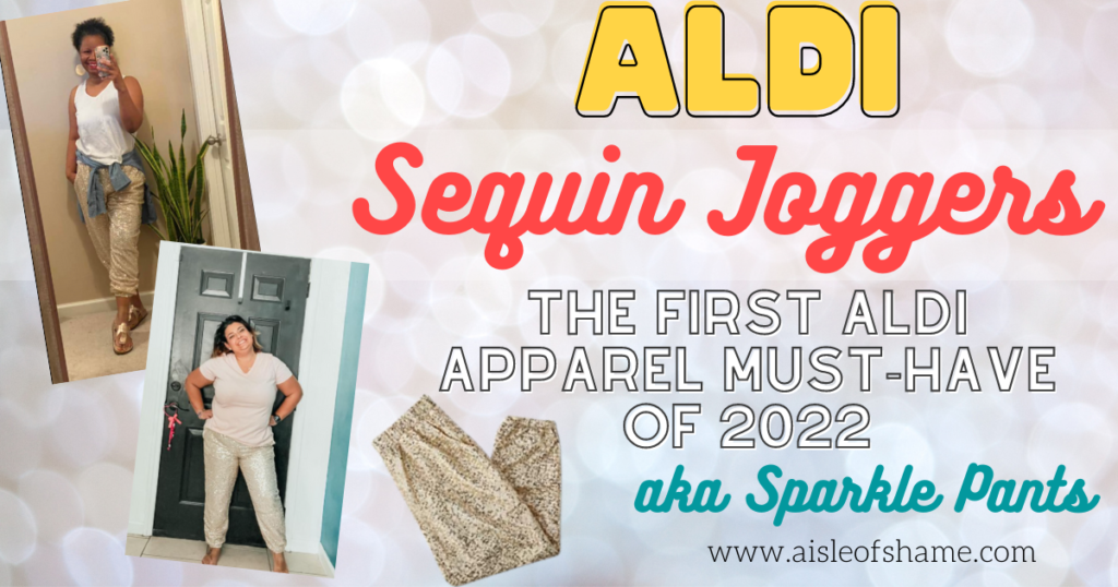 aldi sequin joggers featured image with woman wearing sparkle pants