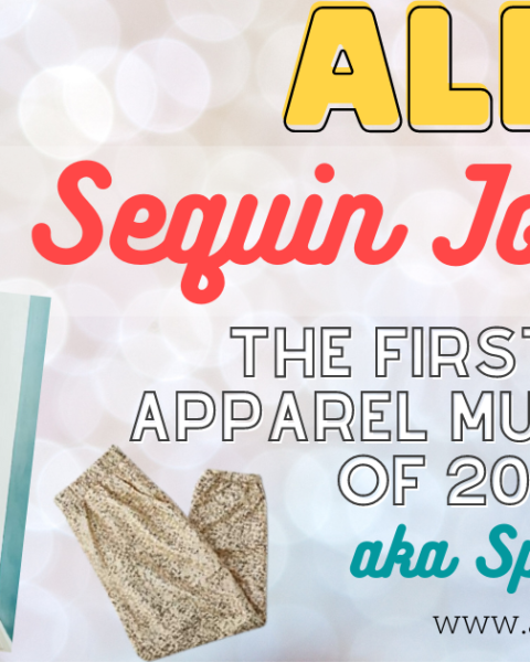 aldi sequin joggers featured image with woman wearing sparkle pants