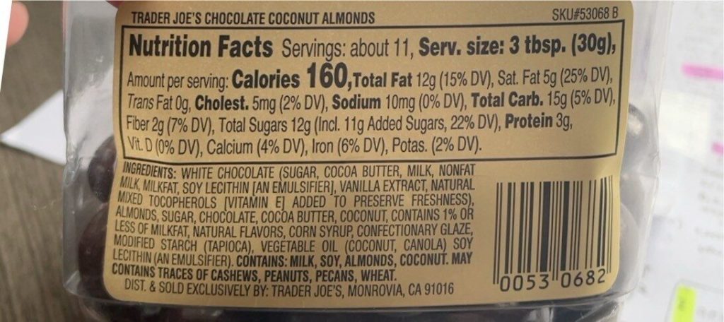 TJ chocolate coconut almonds nutrition