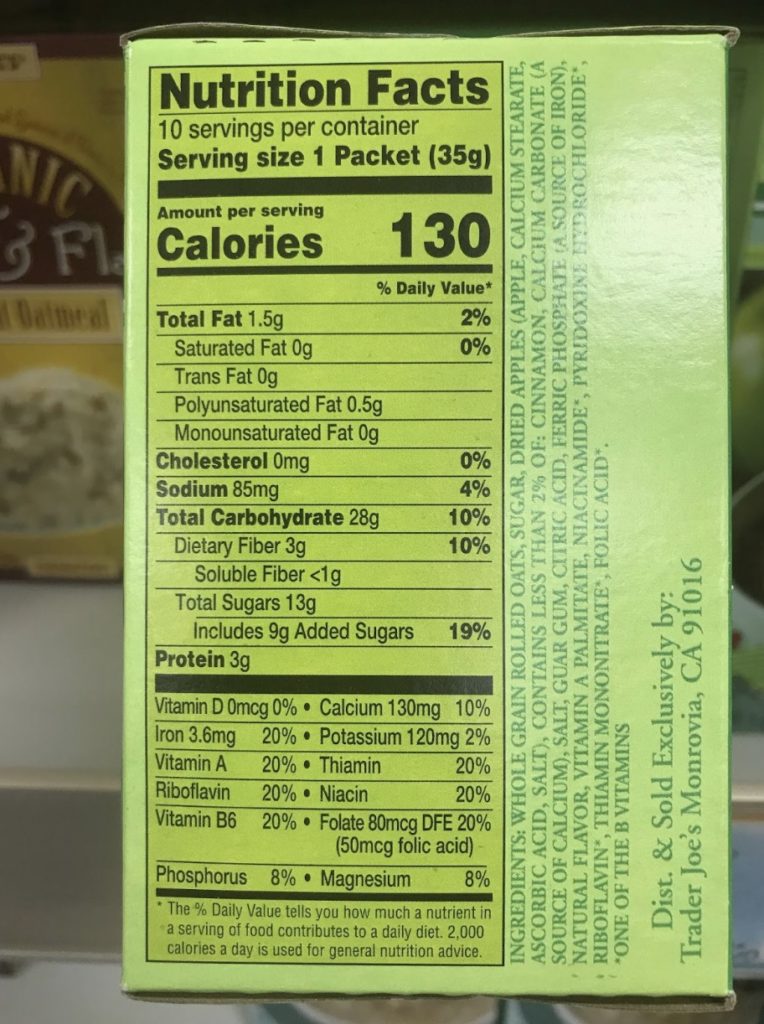 Trader Joe’s Apples & Cinnamon Instant Oatmeal Nutrition Facts