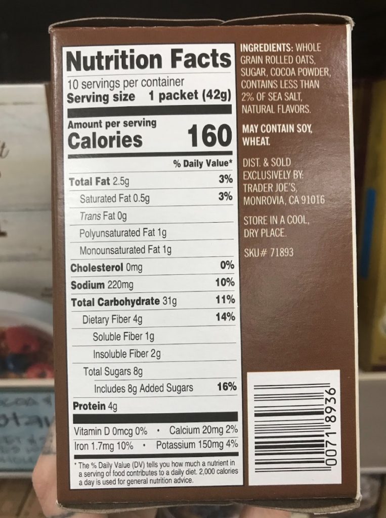 Trader Joe’s Cacao and Sea Salt Instant Oatmeal Nutrition Facts