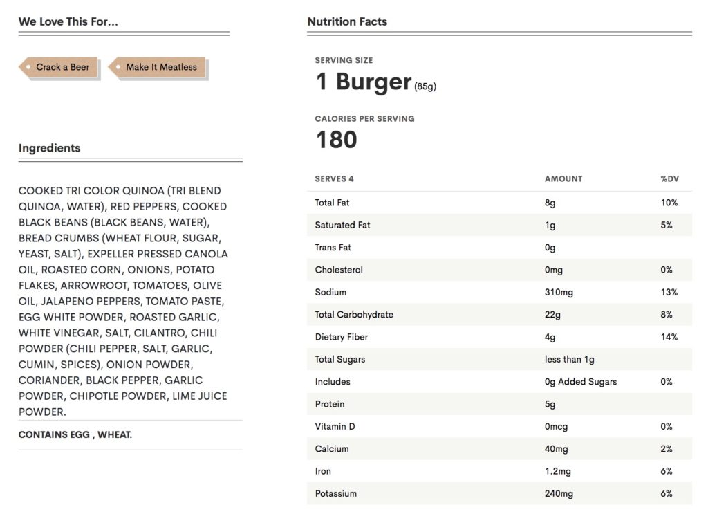 Trader Joe's Quinoa Veggie Burger Nutrition Facts