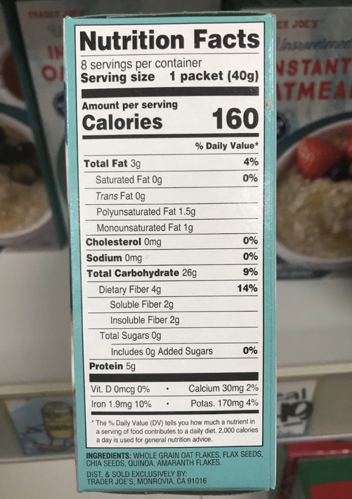 Trader Joe’s Unsweetened Instant Oatmeal Nutrition facts