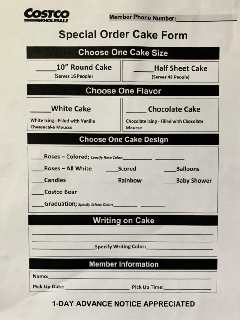 Costco Special Order Cake Form