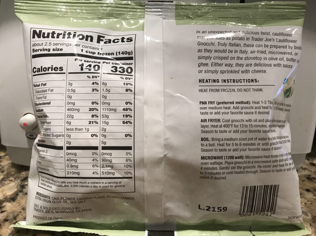 Trader Joe's Cauliflower Gnocchi nutrition facts