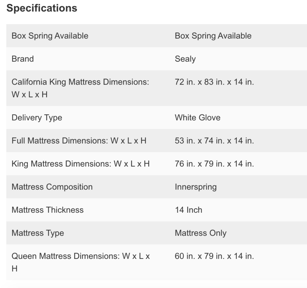 Costco Mattress Specifications