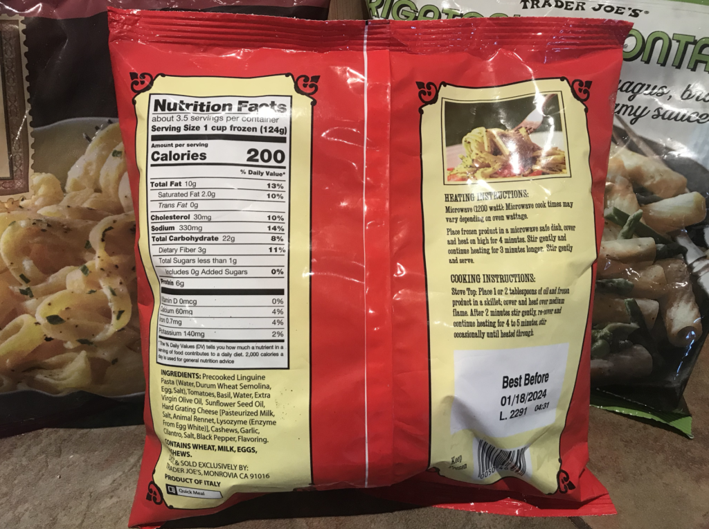 Trader Giotto’s Linguine with Pesto & Tomatoes Nutrition Facts