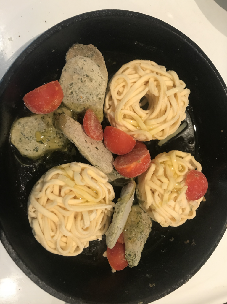 Trader Giotto’s Linguine with Pesto & Tomatoes unpacking