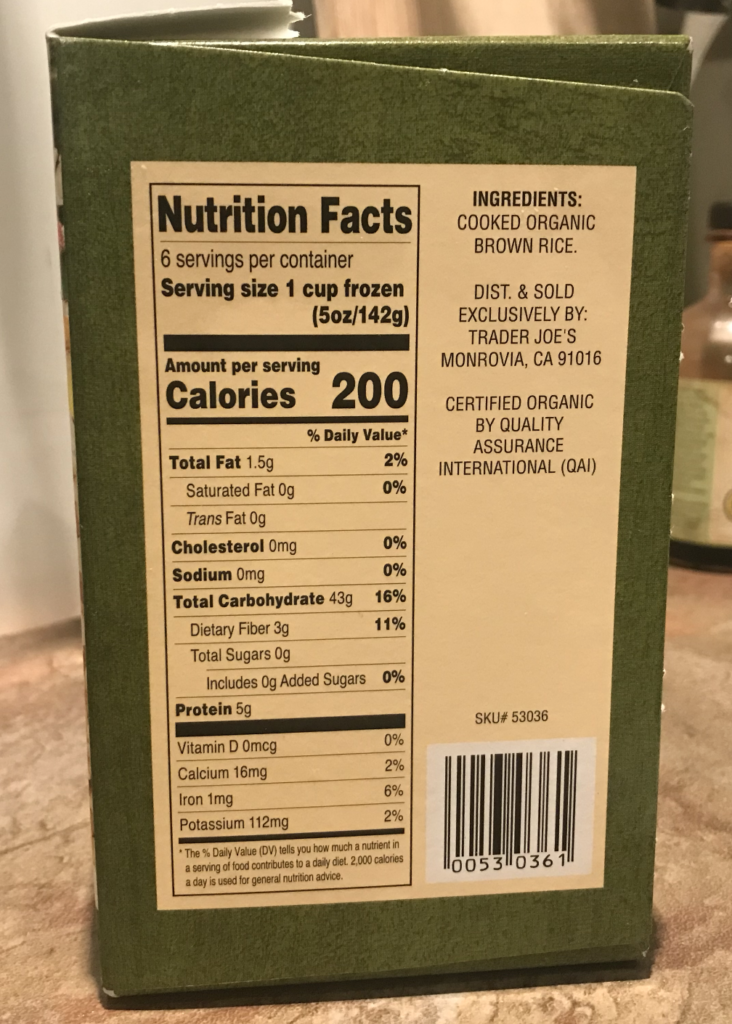 Trader Joe's Frozen Brown Rice Nutrition Facts