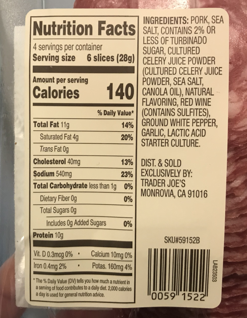 Trader Joe’s Uncured Applewood Smoked Salami Nutrition and Ingredients