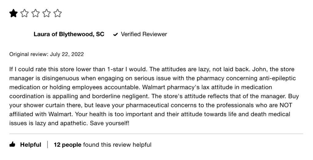 Walmart Pharmacy Customer Review 3