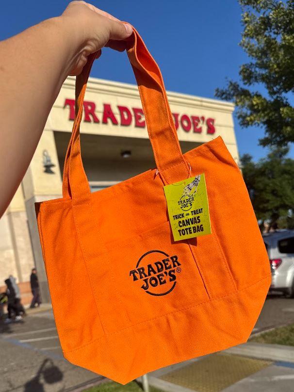 Orange Halloween mini canvas tote with orange handles and black Trader Joe’s logo
