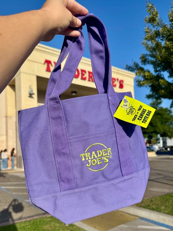 Purple Trader Joe’s Halloween mini tote with matching handles and bright yellow-green logo