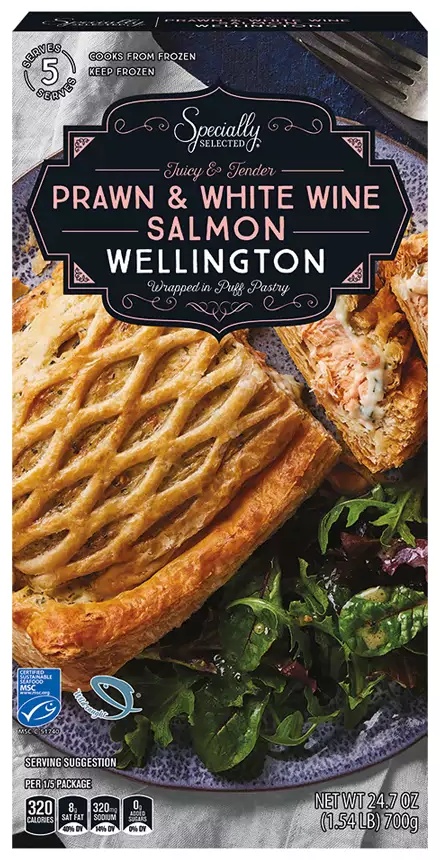Specially Selected Prawn in White Wine Salmon Wellington -