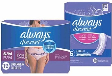 Any 1 Always Discreet Pads 28–66-ct. or Underwear 10–32-ct.