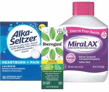 Any 1 MiraLax 8.3–26.9-oz or Mix in Pax 10–20-ct., Alka-Seltzer Chews 110–120-ct., Alka-Seltzer
