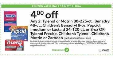 (excludes trial/travel size)
or Lactaid 24–120-ct. or 8-oz OR Tylenol Precise, Children's Tylenol, Children's Motrin or Zarbee's