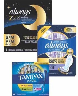Any 2: Tampax Tampons 14–50-ct., Always Pads 13–50-ct., Always Liners 48–120-ct. or Always ZZZ 7-ct.