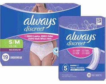 Any 1 Always Discreet Pads 28–66-ct. or Underwear 10–32-ct.