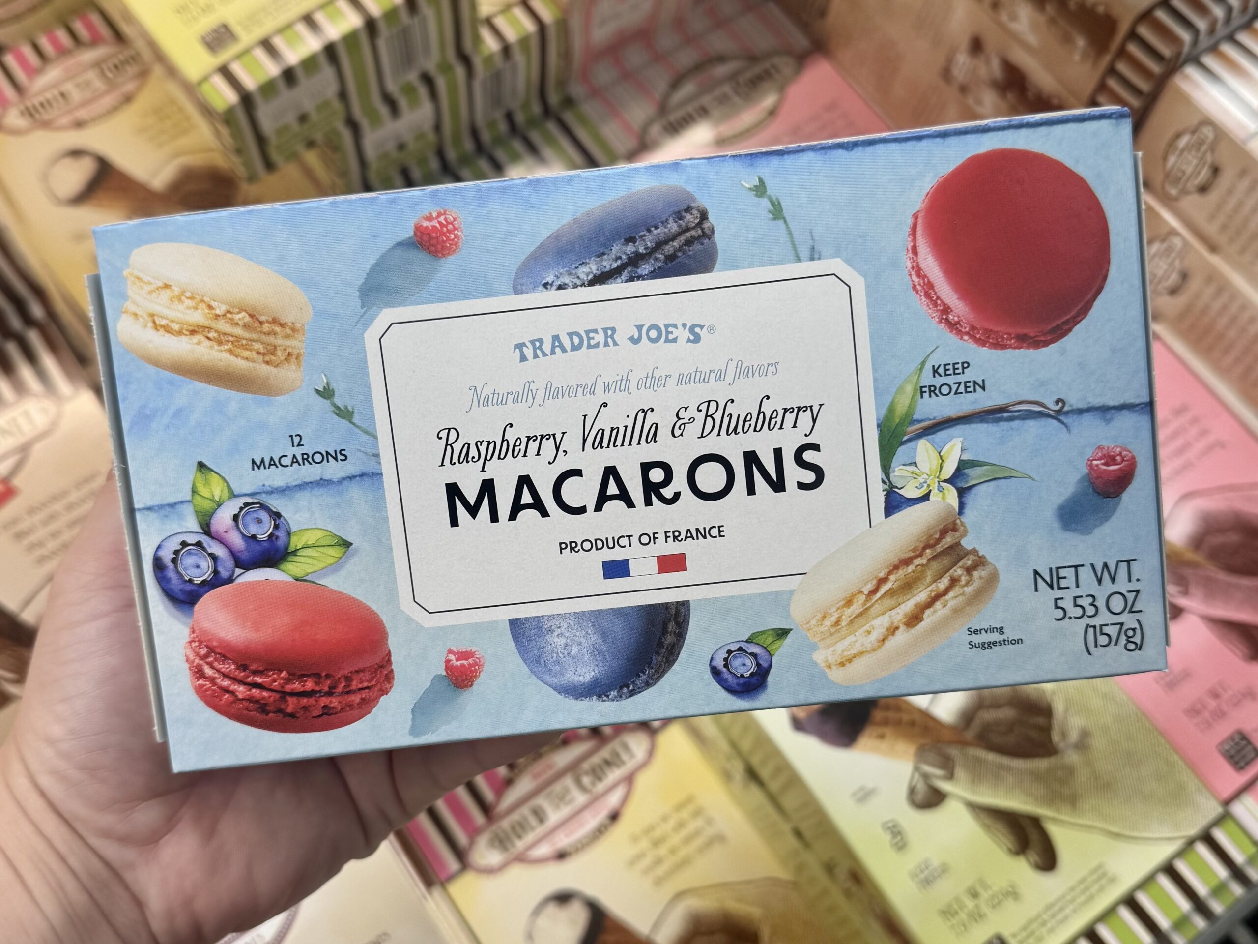Raspberry, Vanilla & Blueberry Macarons - in store