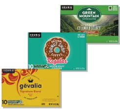 Gevalia or Maxwell House 6-12 ct pods or Green Mountain, Lavazza, McCafe, Donut Shop or Krispy Kreme 10 ct pods