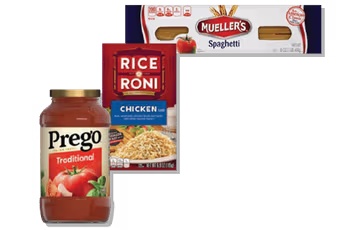 Mueller's Traditional Pasta 12-17.6 oz, Rice-A-Roni or Pasta Roni 4.3-7.2 oz or Prego Pasta Sauce 23-24 oz or Alfredo or creamy pesto 14.5 oz