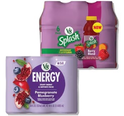 6 Pk V8 Energy 8 oz cans or V8 Splash 12 oz btls