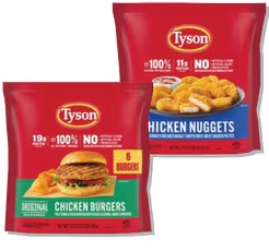 Tyson Breaded Chicken 23-29 oz or burgers 21 oz or Koch Foods Oven Cravers 10 oz