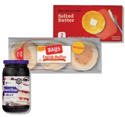Bays English Muffins 6 ct, SE Grocers Jelly or Jam 18 oz or squeeze jelly 20 oz or Know & Love Salted Butter Sticks 8 oz