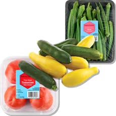 Know & Love Okra 16 oz tray, Yellow or Zucchini Squash 24 oz tray or Vine Ripe Tomatoes 4 ct