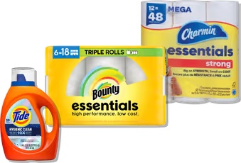 Charmin Essentials Bath Tissue 12 mega rolls, Bounty Essentials Paper Towels 6 triple rolls or Tide Laundry Detergent 73-84 oz or Pods 25-42 ct