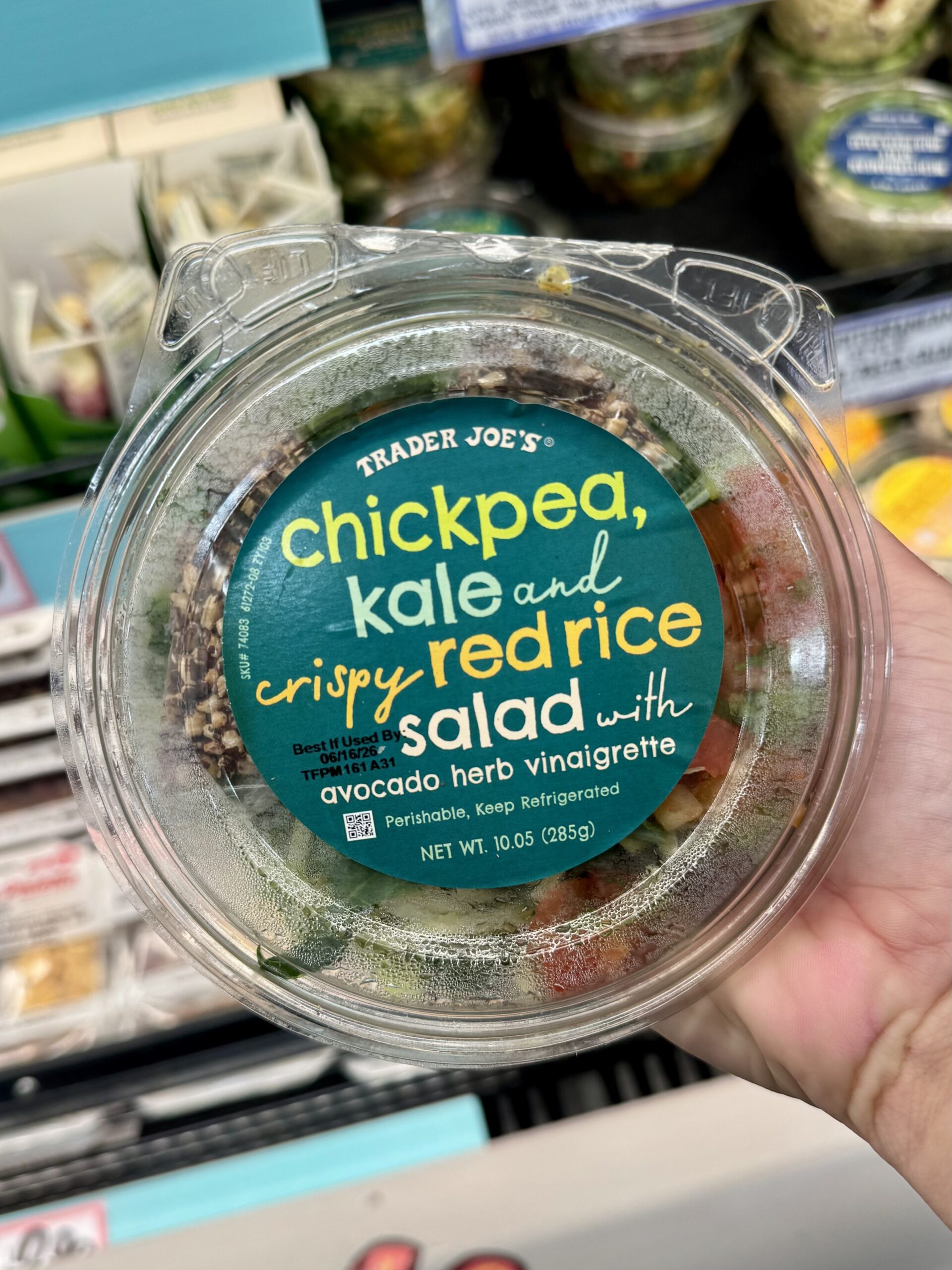 chickpea, kale and crispy red rice salad with avocado herb vinaigrette - in store