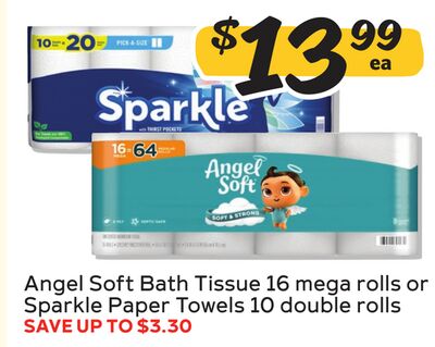 Angel Soft Bath Tissue 16 mega rolls or Sparkle Paper Towels 10 double rolls