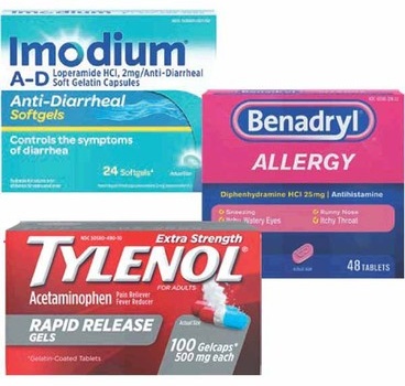 Imodium, Lactaid or Pepcid 20–32-ct., Tylenol 100-ct., Children's Tylenol/Motrin