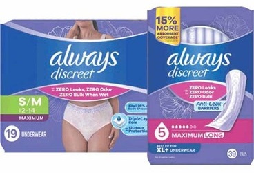 Always Discreet Underwear 10–32-ct. or Discreet Pads 28–66-ct.