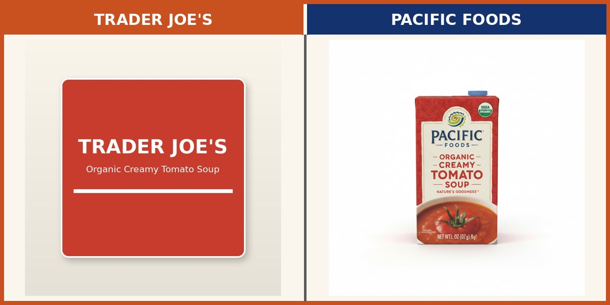 Trader Joe's Organic Creamy Tomato Soup side by side with Pacific Foods