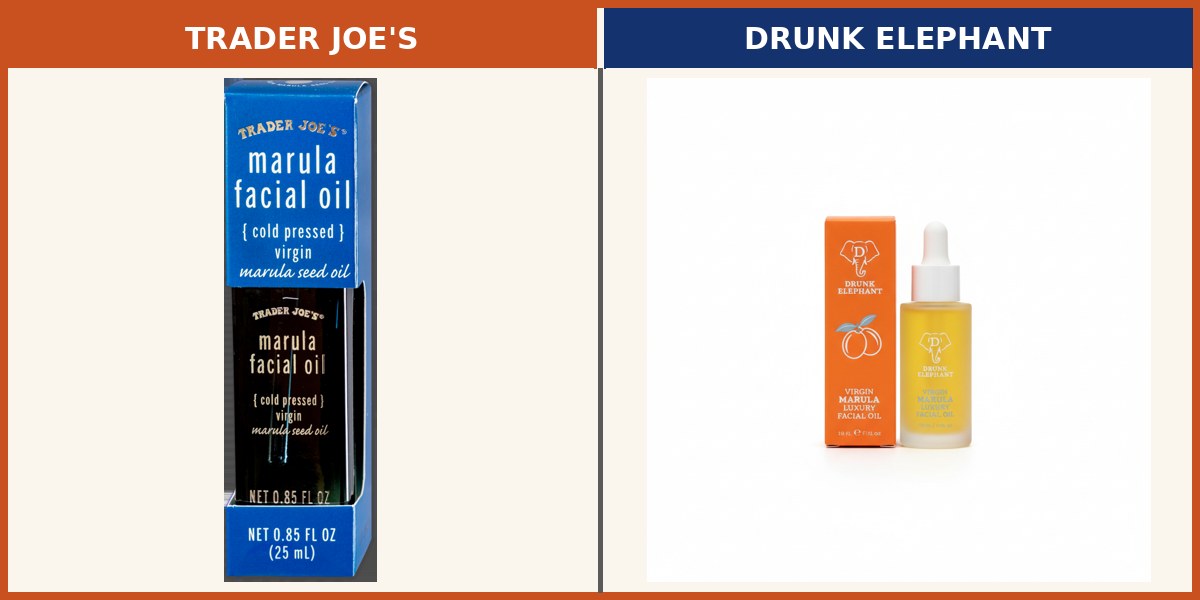 Trader Joe's Marula Facial Oil side by side with Drunk Elephant