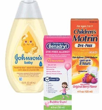 Johnson's Baby 13.6–27.1-oz, Desitin 4–16-oz, Aveeno Baby 5–18-oz, Children's Zyrtec