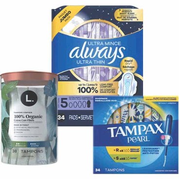Any 2: Tampax Tampons 14–50-ct., Always Pads 13–50-ct., Always Liners 48–120-ct., Always ZZZ 7-ct.