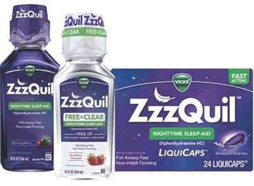 Vicks ZzzQuil Chamomile Honey, Warming Berry or (Free Of) Strawberry Syrup 12-oz or LiquiCaps 24-ct.