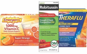 Any 1 Robitussin, Theraflu or Emergen-C 18–60-ct.