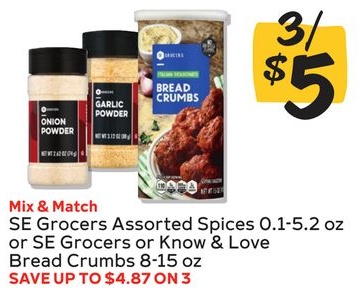 SE Grocers Assorted Spices or Know & Love Bread Crumbs