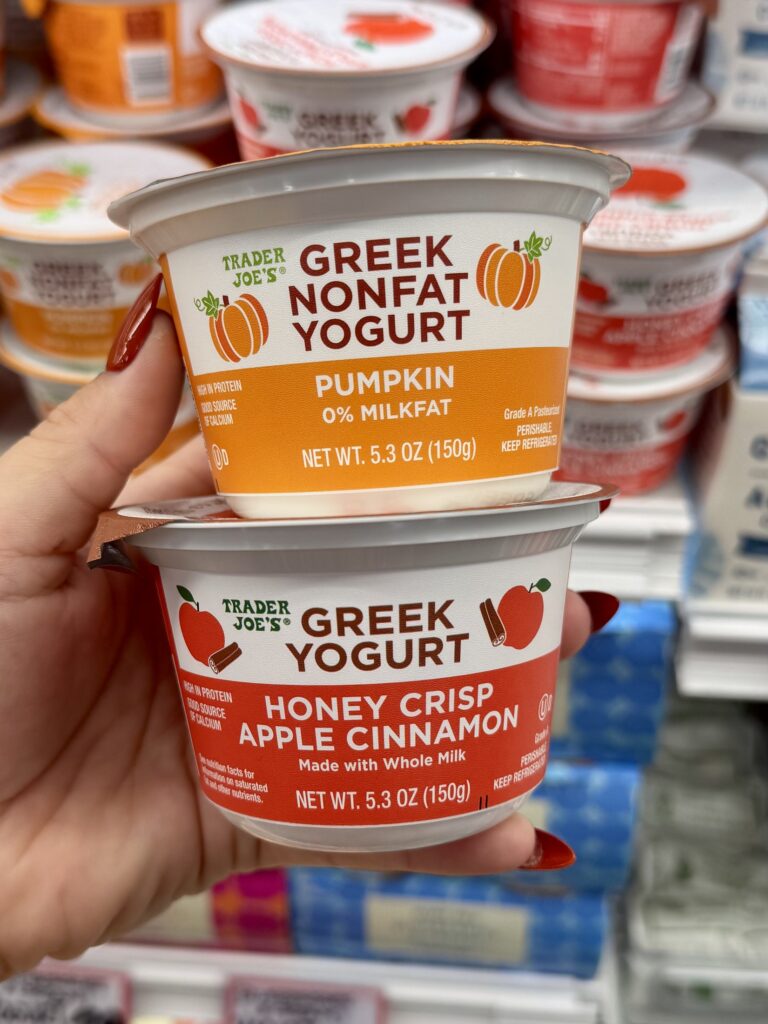 Trader Joe’s Pumpkin & Honeycrisp Apple Cinnamon Greek Yogurts for fall 2026