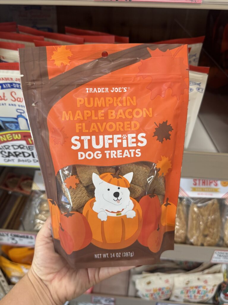 Trader Joe’s Pumpkin Maple Bacon Flavored Stuffies Dog Treats for fall 2026