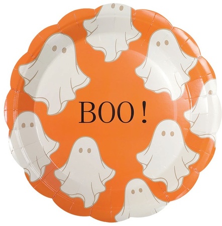 Halloween Paper Plates - Scalloped orange boo ghost