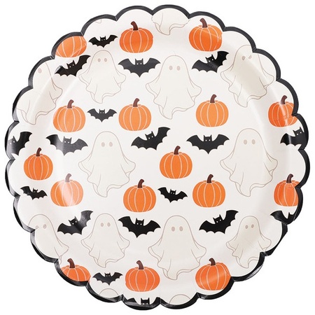 Halloween Paper Plates - Scalloped ivory pumpkin bat