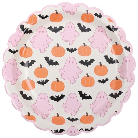 Halloween Paper Plates - Scalloped pink pumpkin bat
