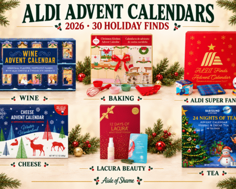 Six ALDI Advent calendars in an elegant holiday collage: wine, Christmas Kitchen baking, ALDI Super Fan, cheese, Lacura beauty and Barissimo tea.